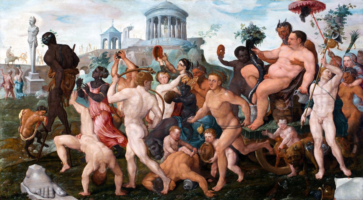 La procession triomphale de Bacchus - Bacchus triumfprocession av Heemskerck, Maarten Jacobsz, van (1498-1574). Olja på trä, storlek: 50x91 av Maerten van Heemskerck