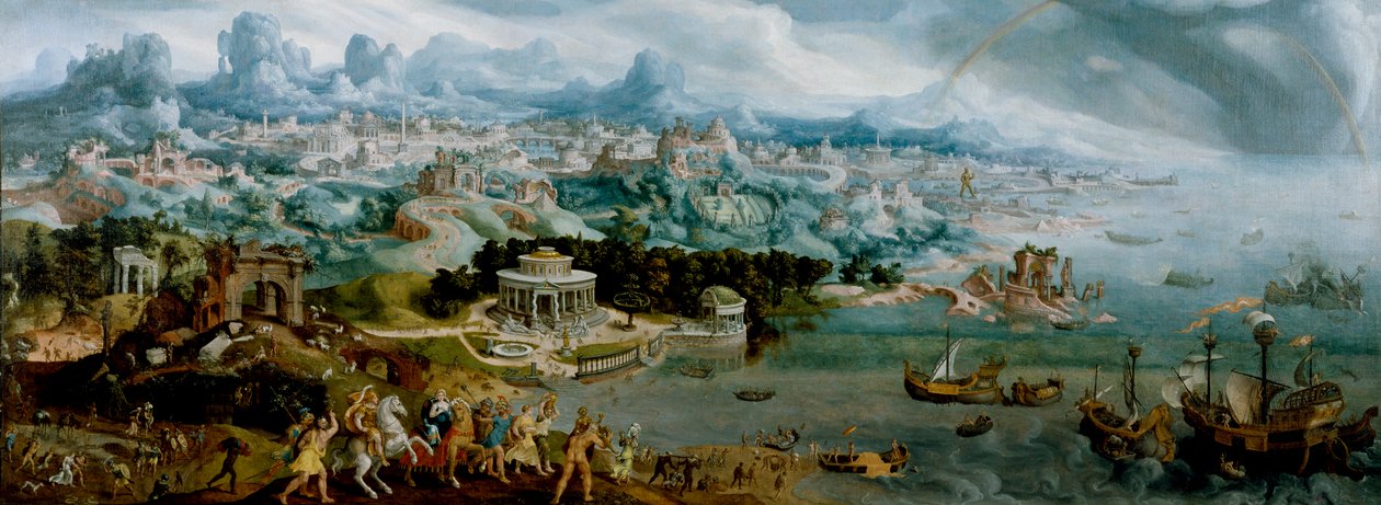Panorama med bortförandet av Helena mitt bland antikens underverk av Maerten van Heemskerck