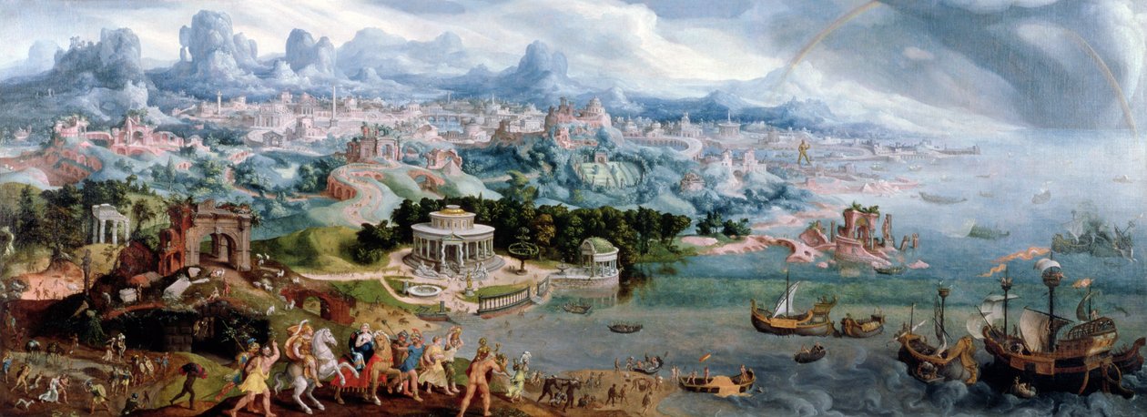 Panoramafantasi med bortförandet av Helena, 1535 av Maerten van Heemskerck
