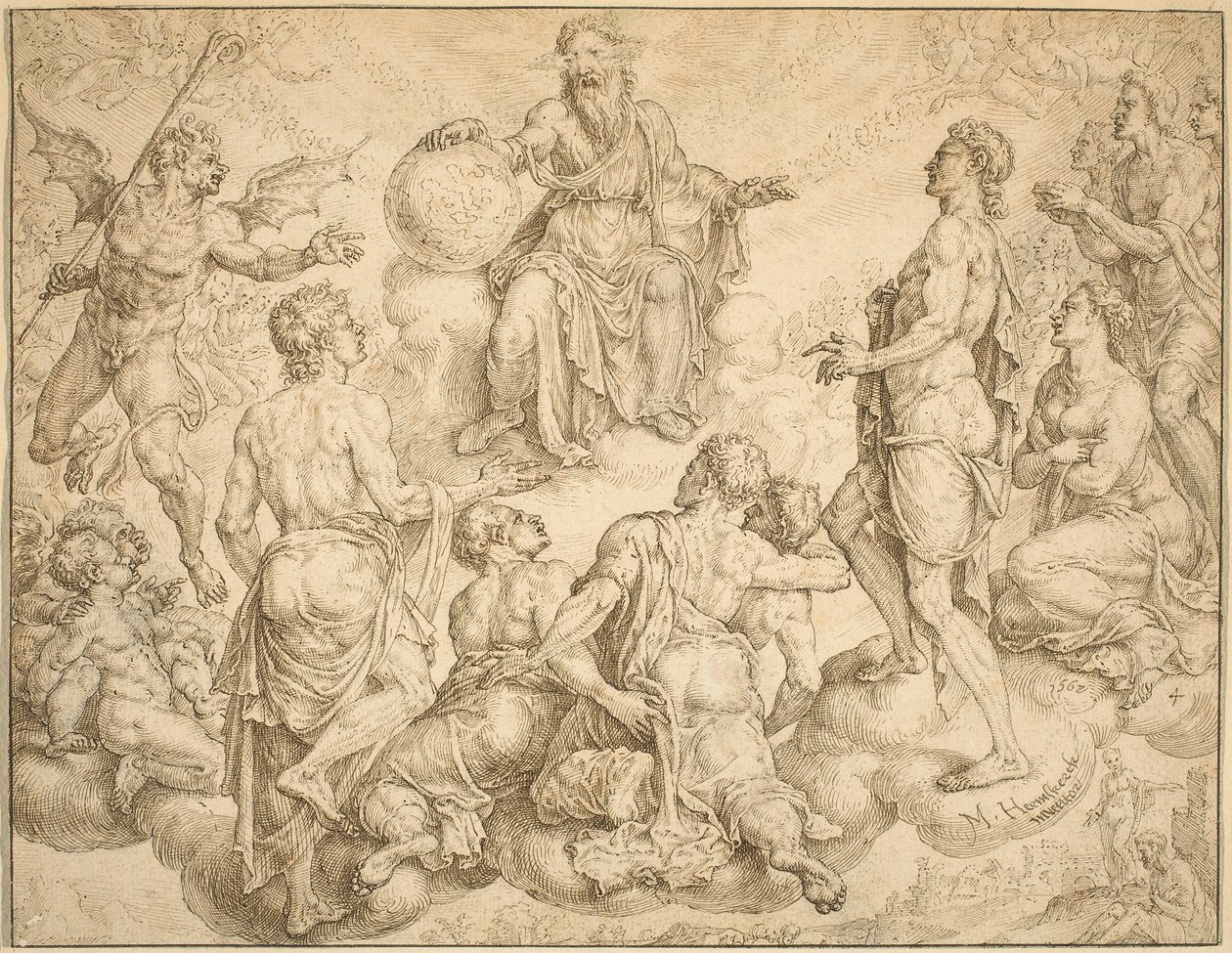 Satan utmanar Gud att ta bort hans skydd från Job av Maerten van Heemskerck