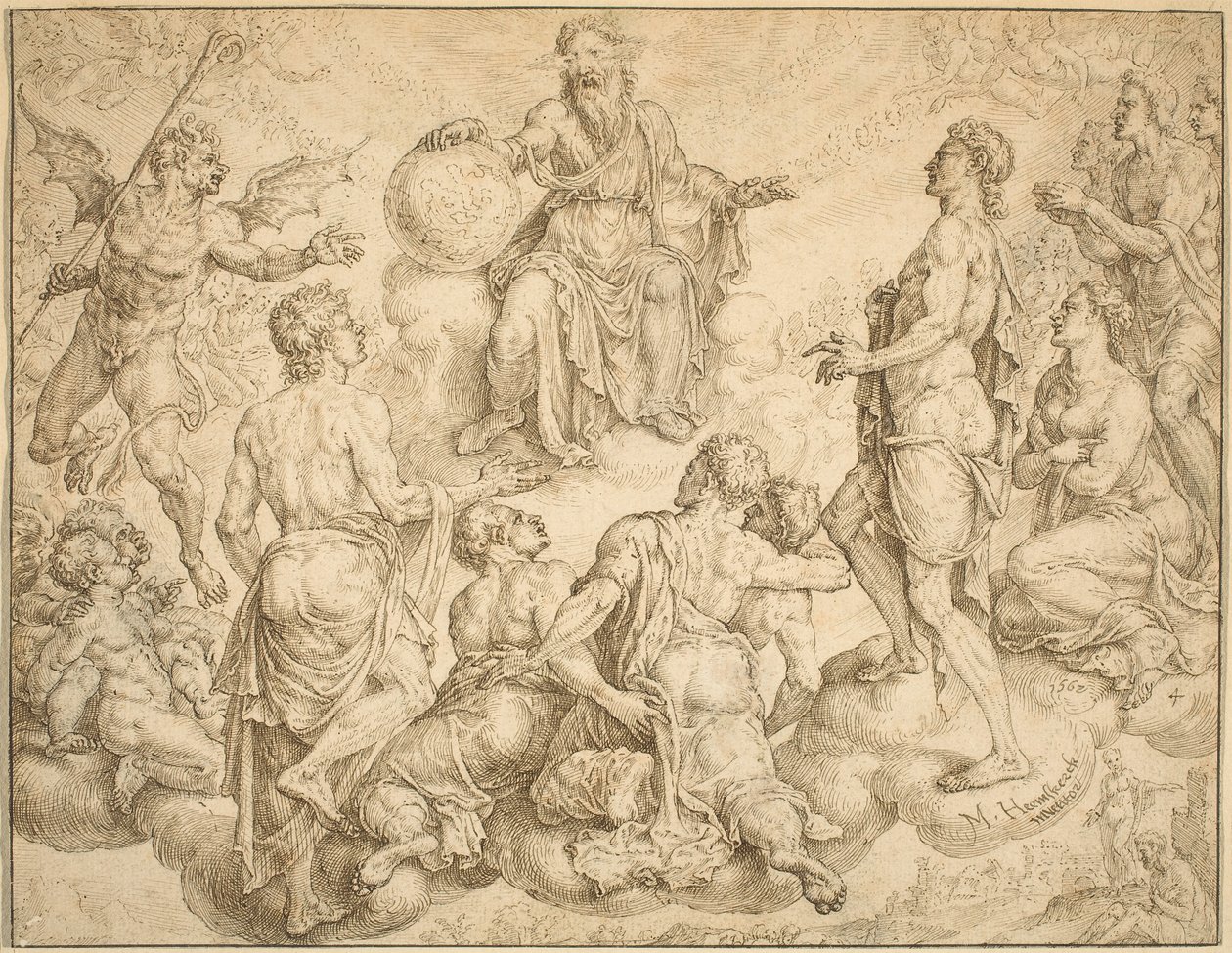Satan utmanar Gud att ta bort sitt skydd från Job av Maerten van Heemskerck