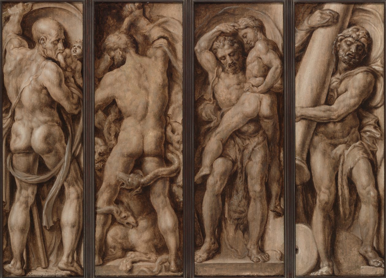 Saturnus slukar ett barn; Herkules som dödar hydran; Hercules Lifting Antaeus; Hercules reser kolumnerna i Calpe och Abyla av Maerten van Heemskerck