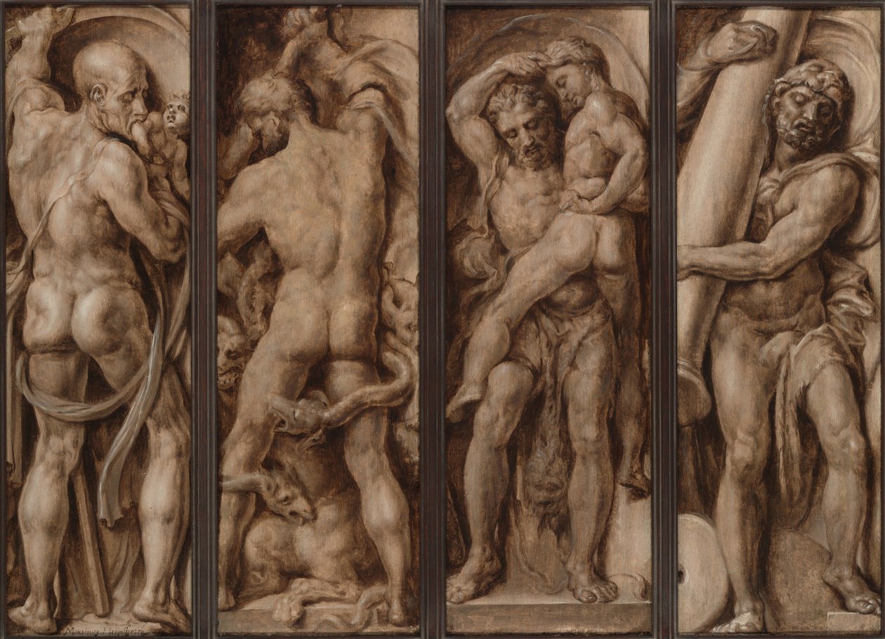 Saturnus slukar ett barn; Herkules dödar hydran; Herkules lyfter Antaios; Herkules reser Kalpes och Abylas pelare av Maerten van Heemskerck