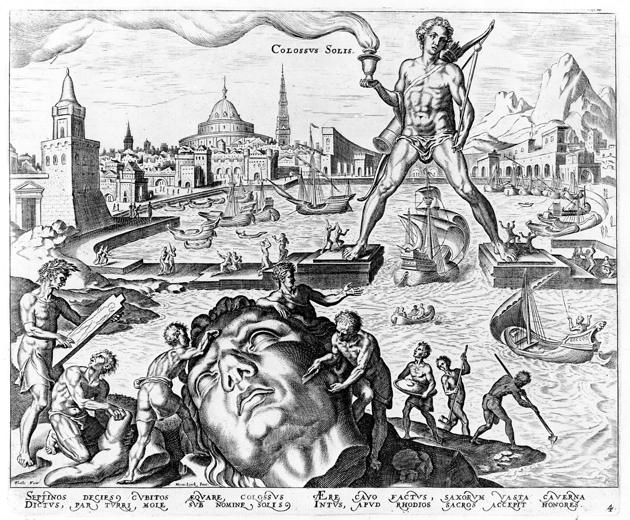 The Colossus of Rhodes, skylt 4 från The Eight Wonders of the World, eng. Philips Galle, 1572 av Maerten van Heemskerck