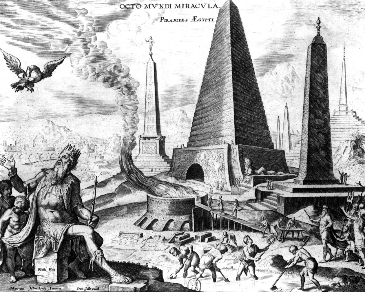 Pyramiderna i Egypten, skylt 1 från The Eight Wonders of the World, eng. Philips Galle av Maerten van Heemskerck