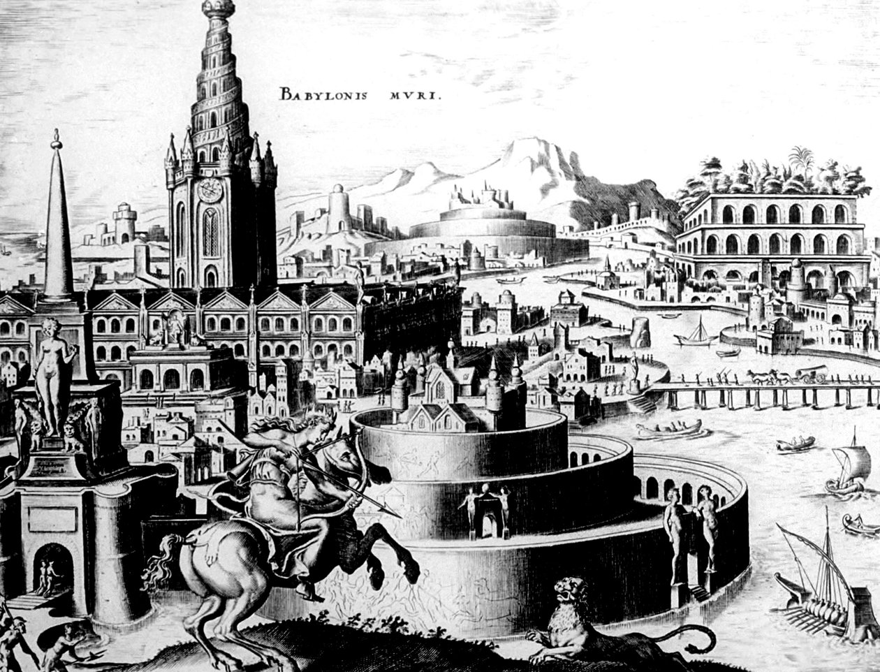 The Walls of Babylon, skylt 7 från The Eight Wonders of the World, eng. Philips Galle av Maerten van Heemskerck