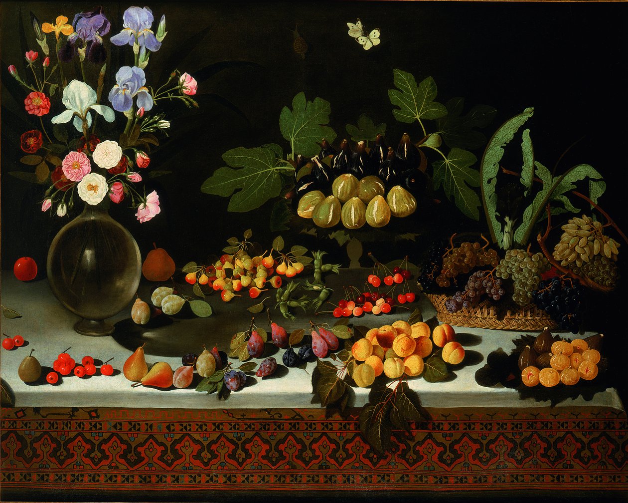 Blomma och frukt på ett bord, ca. 1600. av Maestro di Hartford