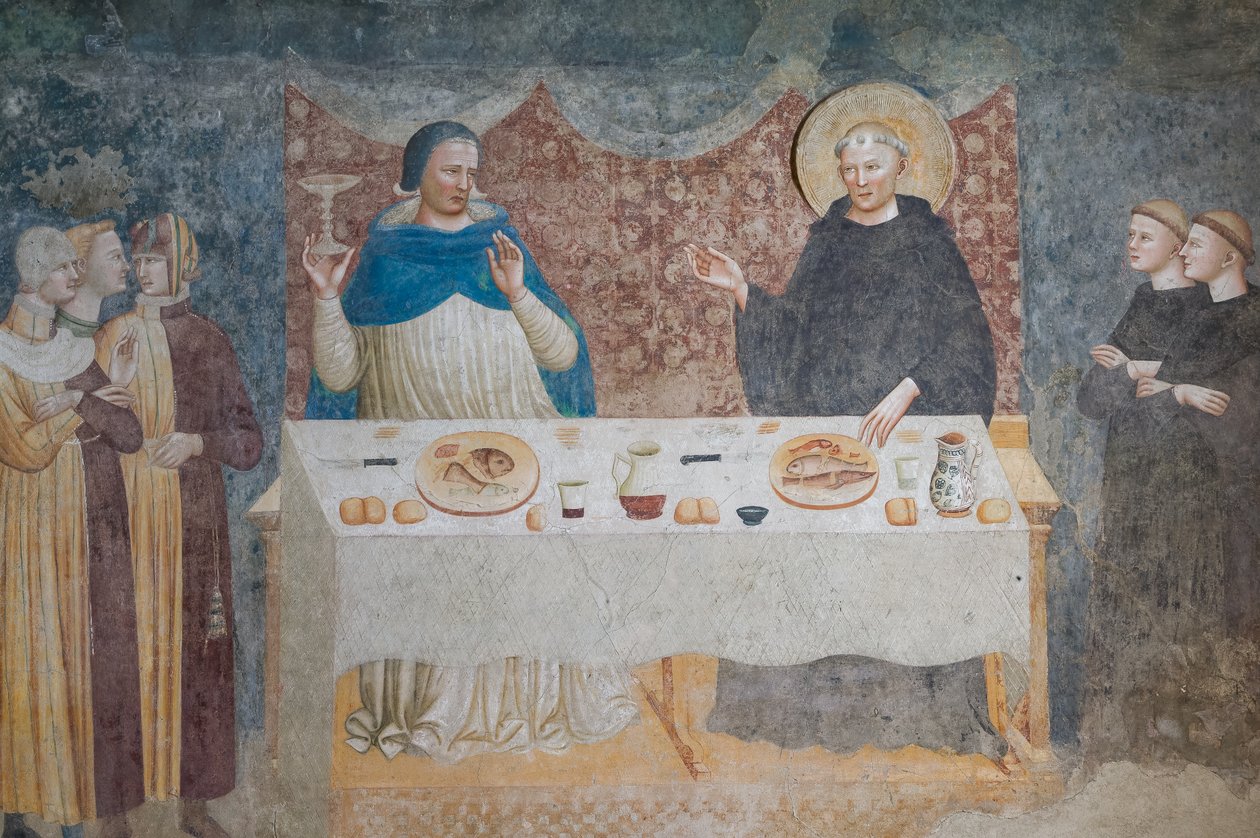The Miracle of St Guido: den välsignade abboten förvandlar vatten till vin innan Gebeardo, ärkebiskopen av Ravenna, refektorium (fresk) av Maestro di Tolentino (attr.to)