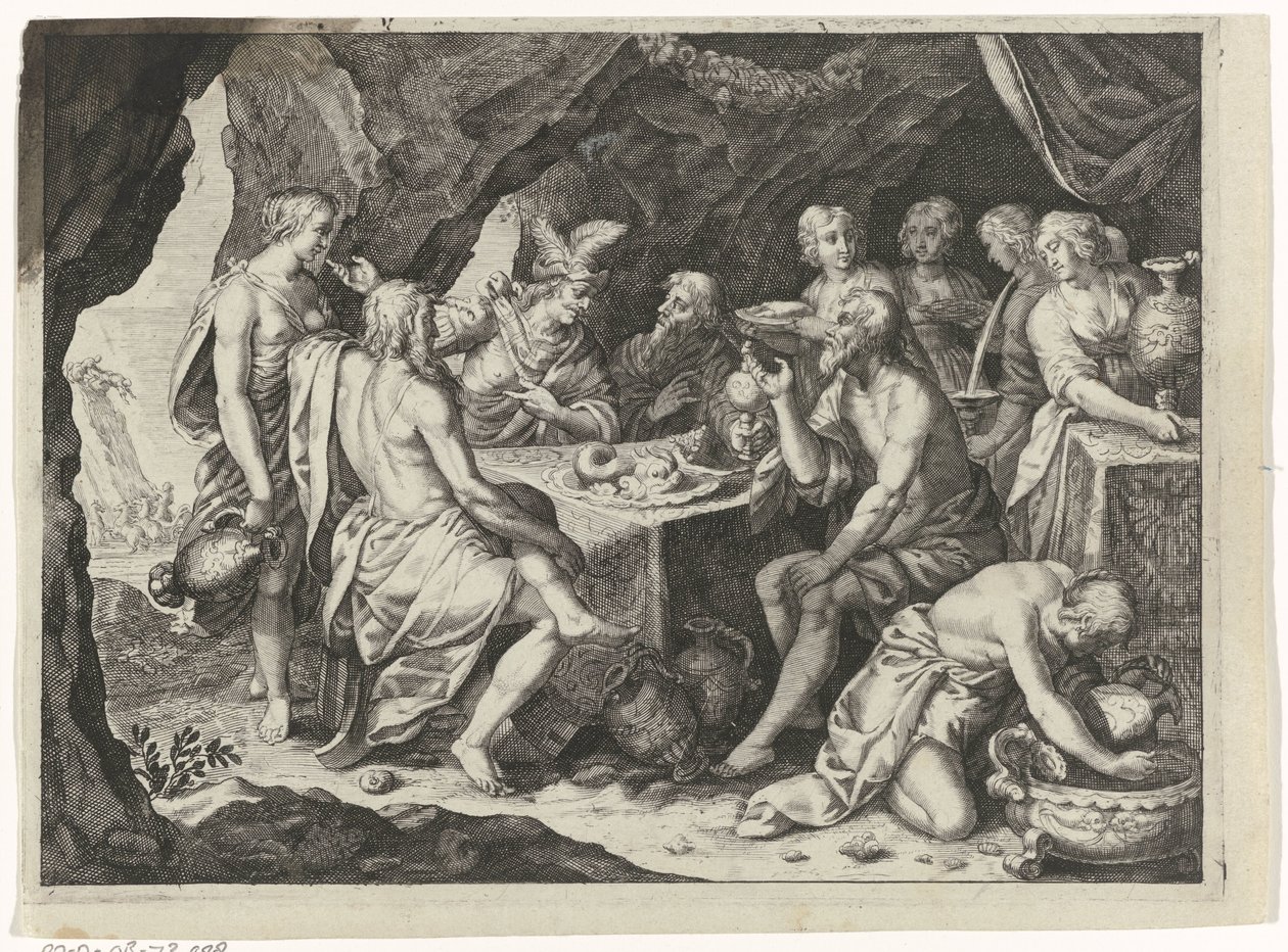 Scen från Ovidius Metamorphoses: en måltid i en grotta av Magdalena van de Passe (attributed to)