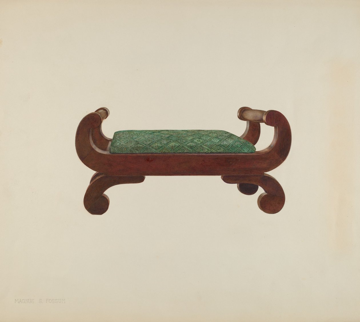 Fotpall - mahogny med täckning av hästhår, ca. 1939. av Magnus S. Fossum