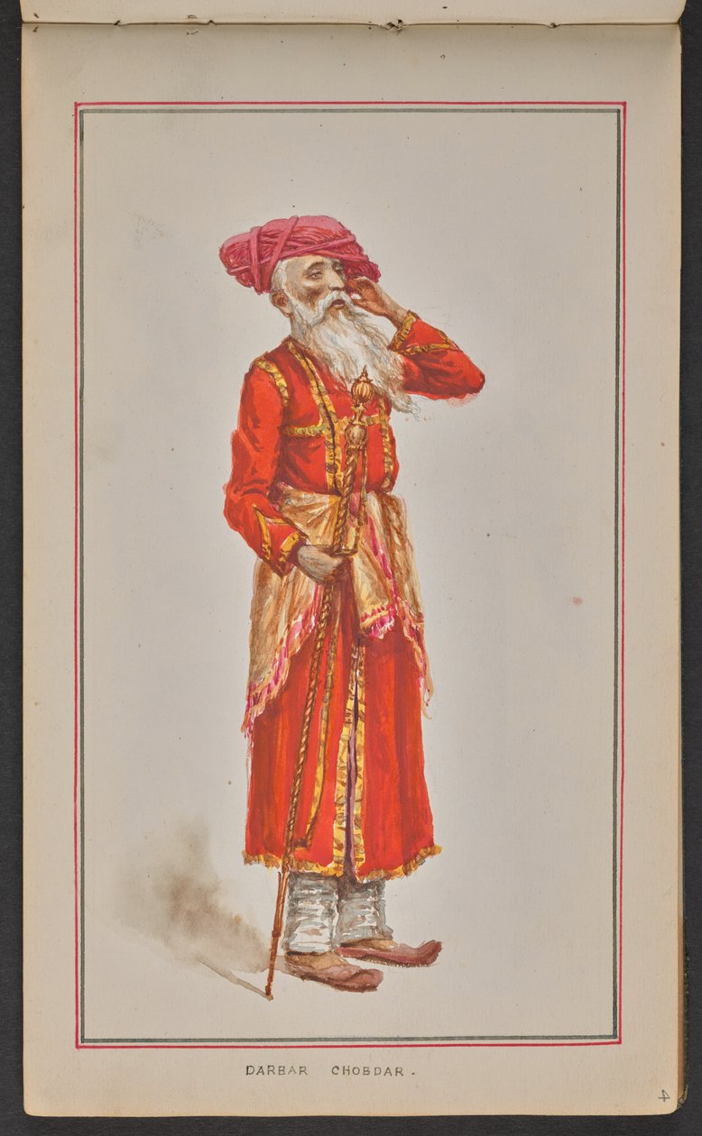 Äldre hovfunktionär från Kolhapur durbar, klädd i röd rock och rosa turban (akvarell på papper) av Mahadev Vishvanath Dhurandhar