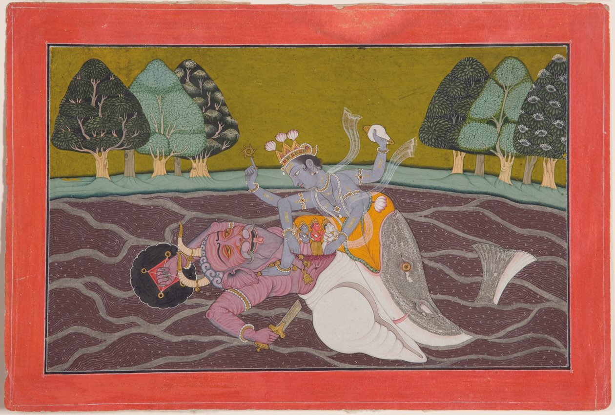 Matsya, fiskens inkarnation av Vishnu, ca 1745 (ogenomskinlig wc och guld på papper) av Mahesh