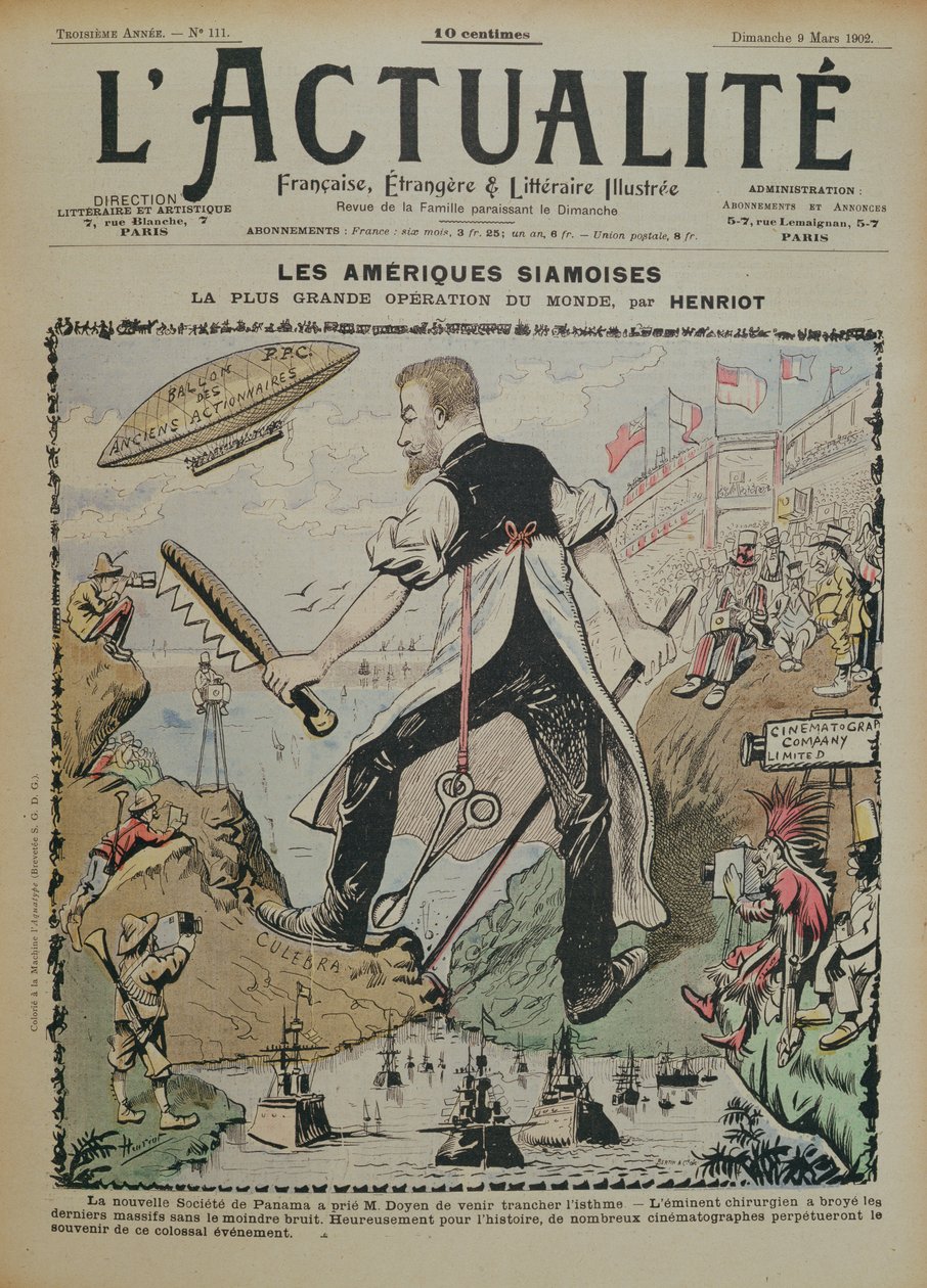 Karikatyr om konstruktionen av Panamakanalen och mediabevakningen kring den, omslag till tidningen LActualite, 9 mars 1902 av Henri Maigrot