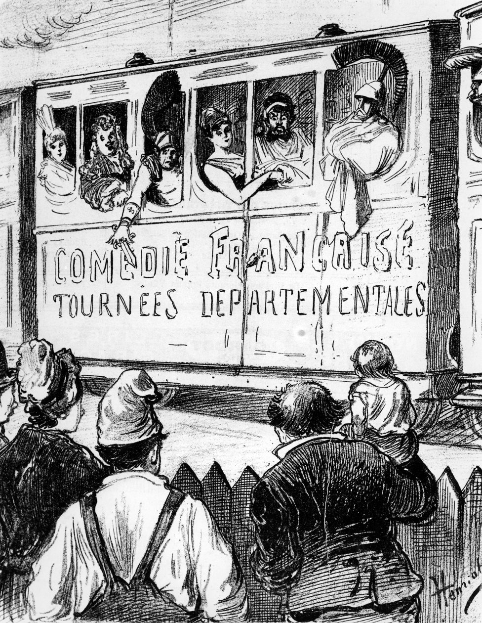 Skådespelaren av Comédie Française på turné i Frankrike i ett specialtåg, gör ett stopp för att ge landsbygdens folk en glimt av teatern, 1800-talets andra hälft av Henri Maigrot