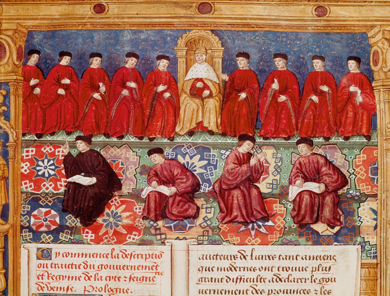 The Council of Ten The Doge är i centrum. Detalj av en miniatyr ritad från en beskrivning eller affärer med regeringen och regimen i staden och Venedigs herredømme som realiserats av amiral Louis Malet de Graville, upplyst av Mästaren av Philippe av Maitre de Philippe de Gueldre