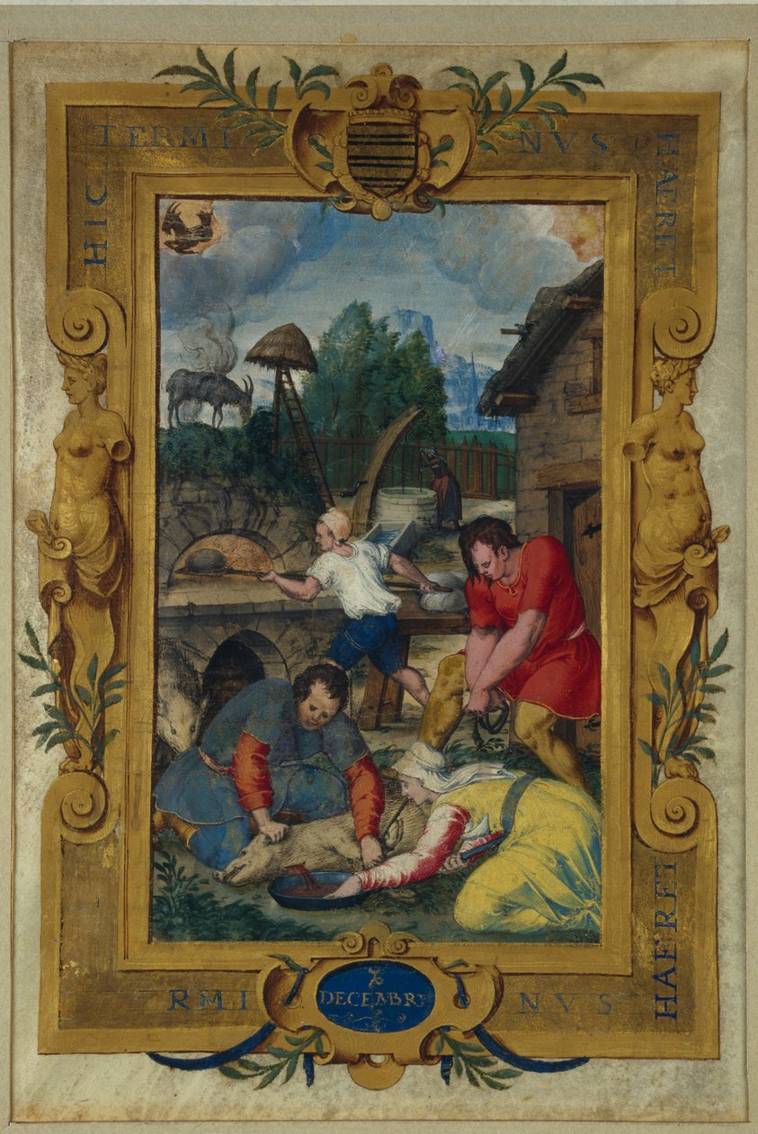 Kalendersida för december, slakt av grisen, från en timbok, ca 1550-60 av Maitre des Heures de Claude Gouffier