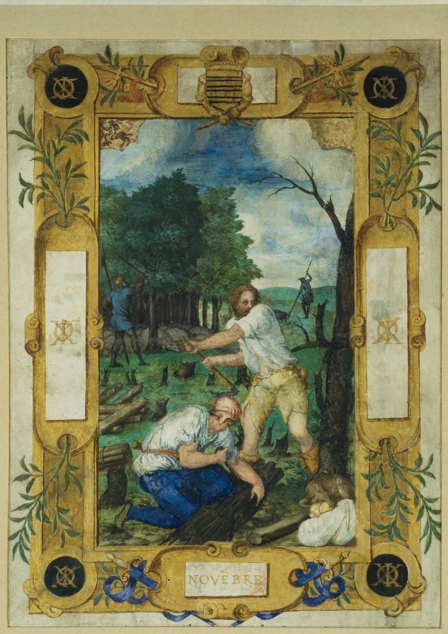 Kalenderblad för november, fällning av träd, från en timbok, ca 1550-60 av Maitre des Heures de Claude Gouffier