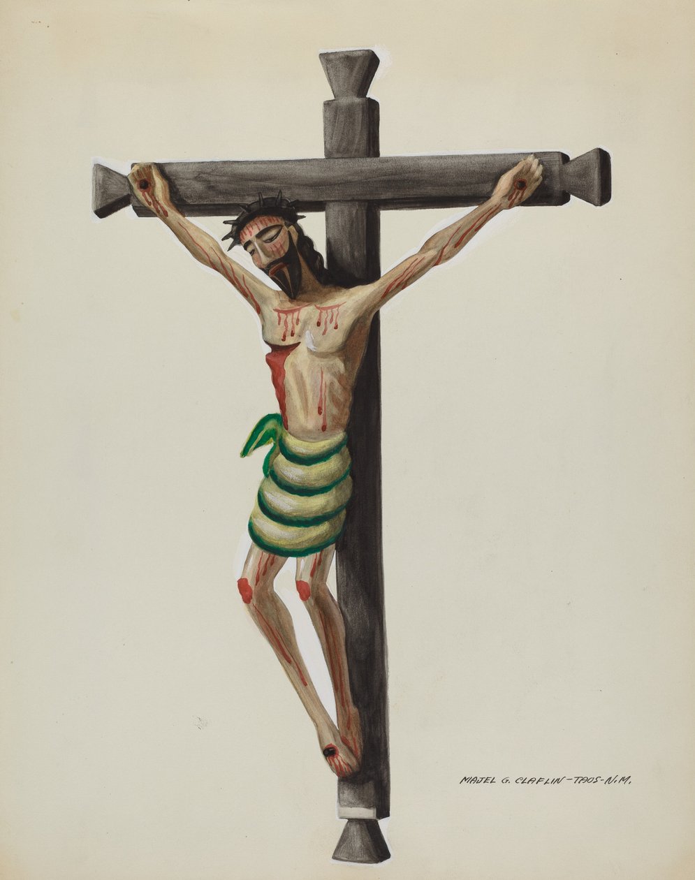 Cristo, snidat och målat, på svart snidat träkors, ca. 1937. av Majel G. Claflin