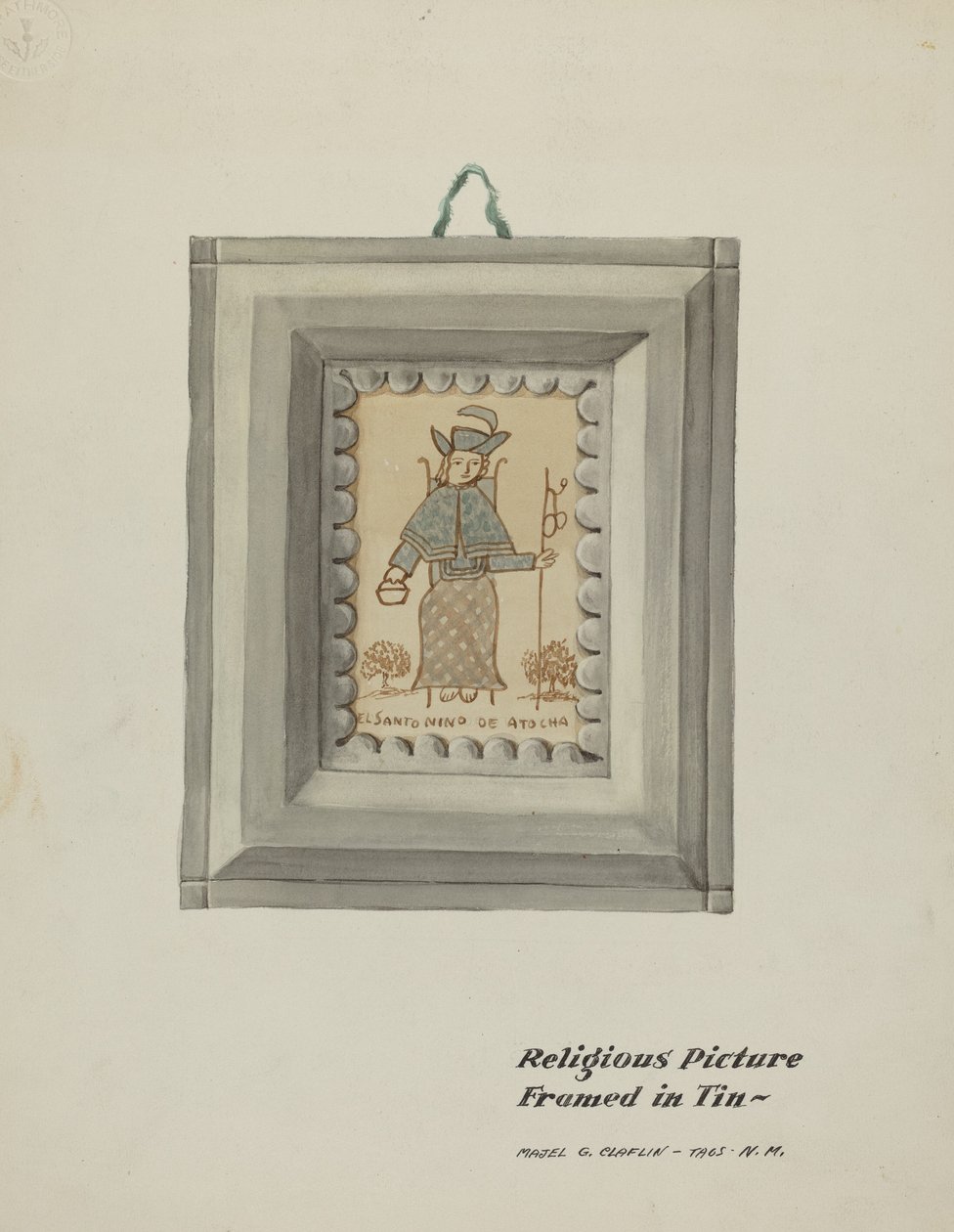 Handritad Santo Nino de Atocha-Handgjord plåtram, ca. 1937. av Majel G. Claflin