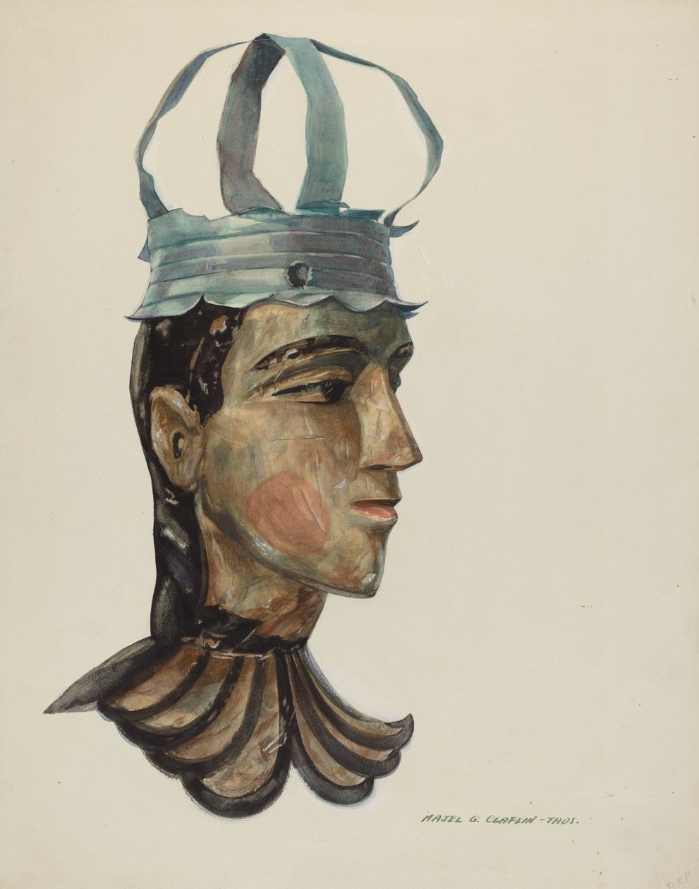 Huvud av snidad figur med plåtkrona av Majel G. Claflin