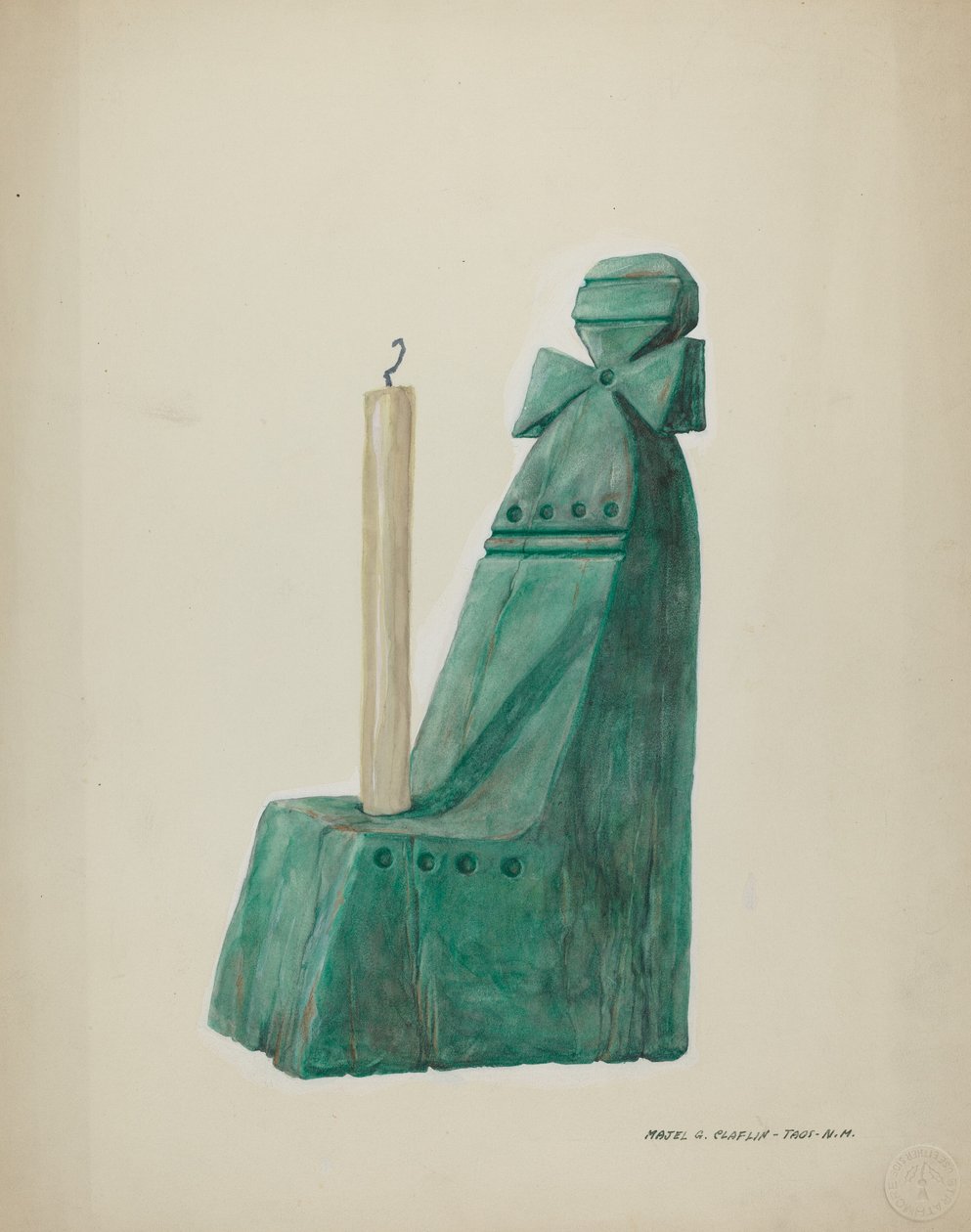 Målad träljusstake, med spår och cirklar, ca. 1937. av Majel G. Claflin