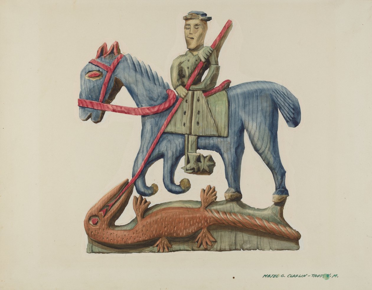 Saint George & the Dragon, utskuren ur sektion av planka - målad, ca. 1938. av Majel G. Claflin