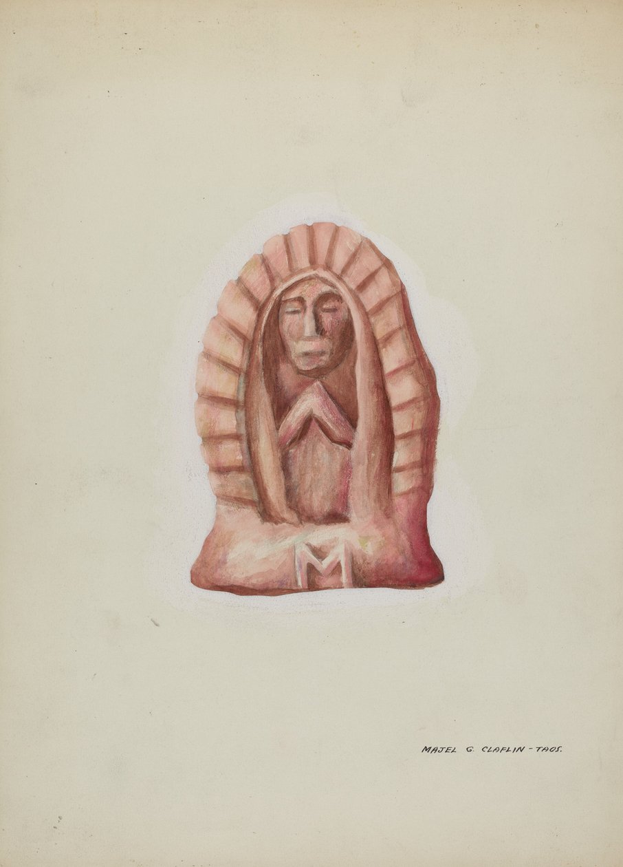 Liten staty av Guadalupe huggen i sten, ca. 1937. av Majel G. Claflin