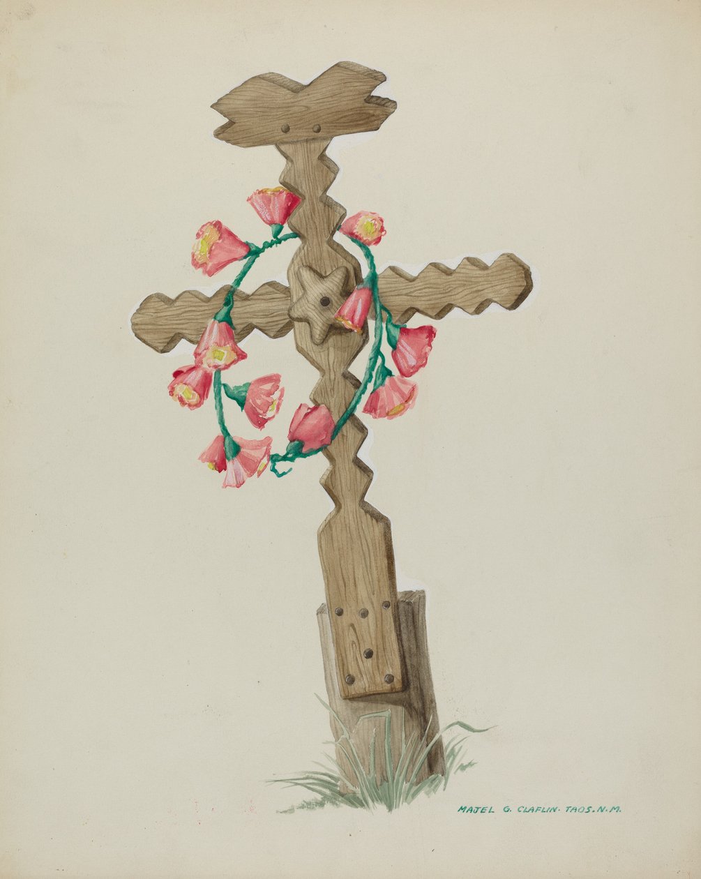 Träkors som används som gravsten handgjord, ca. 1937. av Majel G. Claflin
