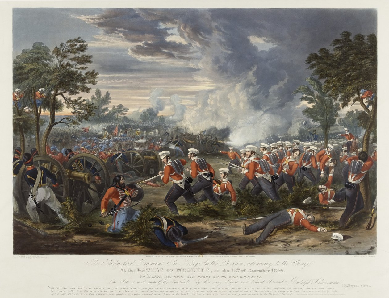 31:a regementet, Sir Harry Smiths division, som går till anfall i slaget vid Moodkee den 18 december 1845, publicerad av Rudolph Ackermann den 18 juni 1848 (akvatint i färg). av Major G.F. White