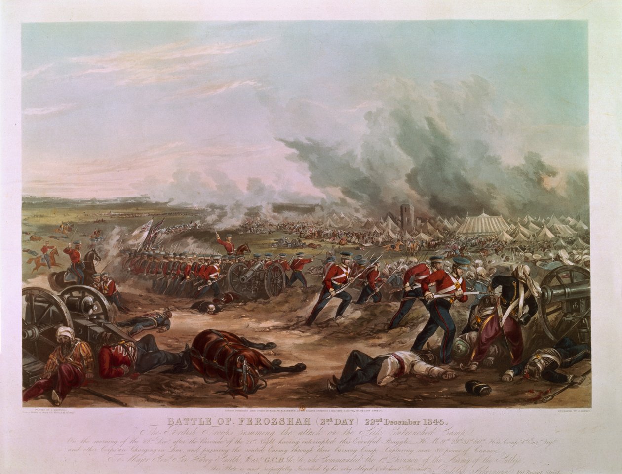 Den andra dagen av slaget vid Ferozshah, 22 december 1845 (färgakvatint) av Major G.F. White