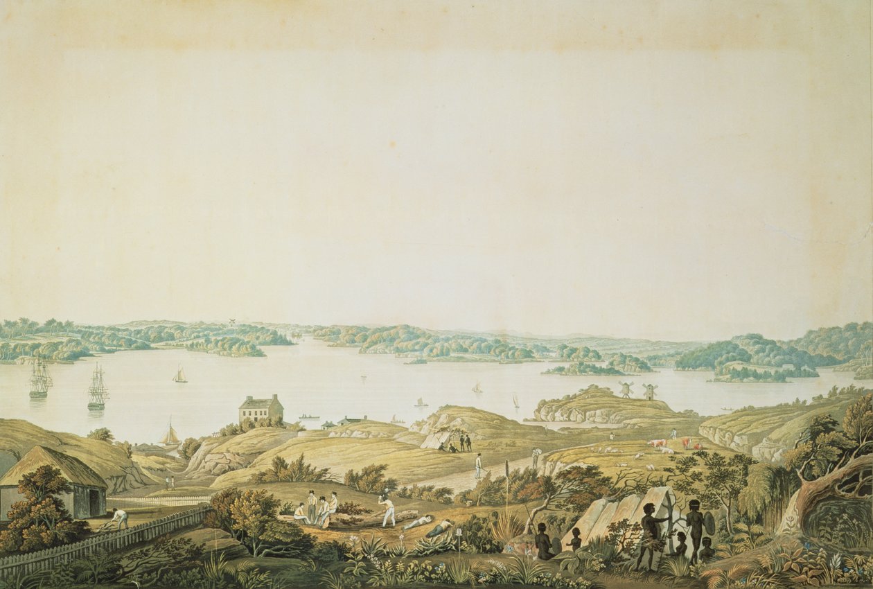 En del av hamnen i Port Jackson och landet mellan Sydney och Blue Mountains, New South Wales, högra delen av en panoramavy, ca 1821 (akvatint) av Major James Taylor