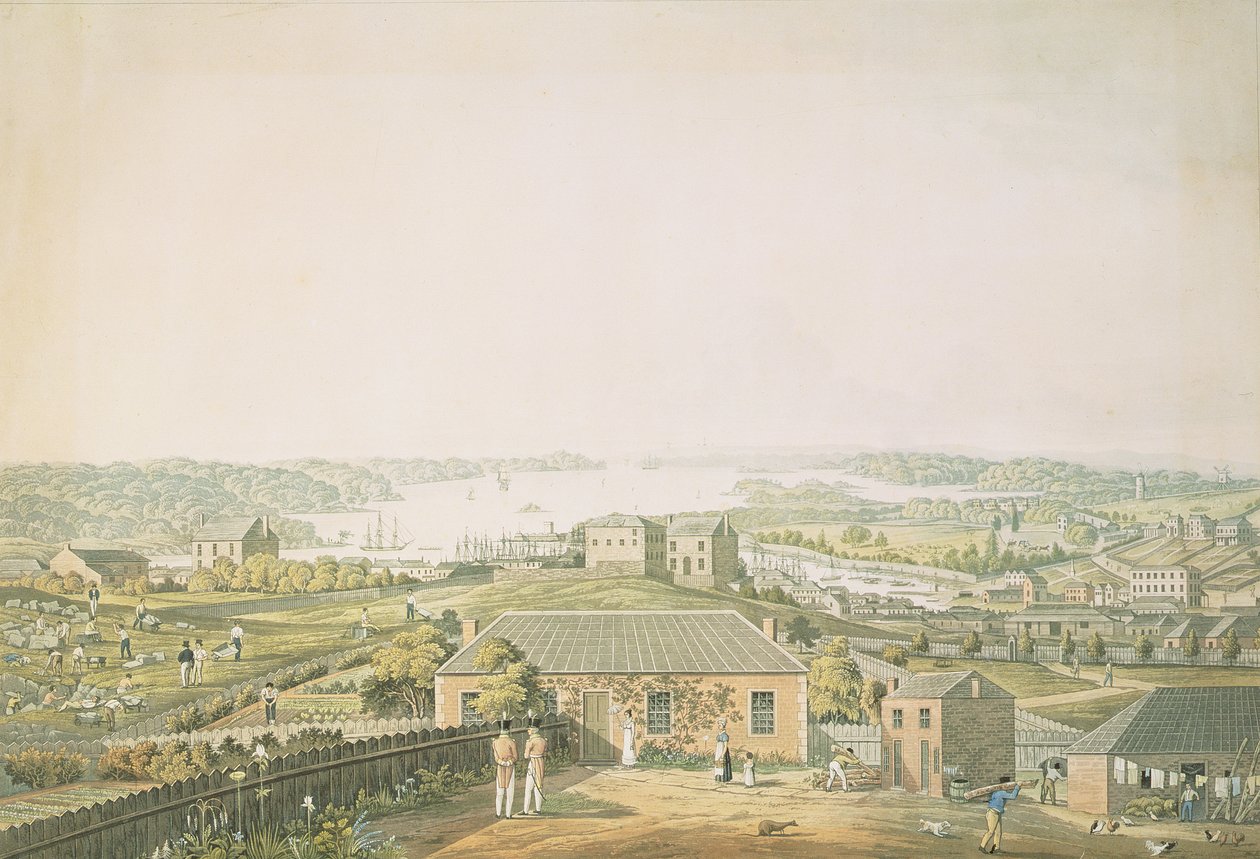 Port Jacksons ingång, och en del av staden Sydney i New South Wales, vänstra delen av panoramavy, ca 1821 (akvatint) av Major James Taylor