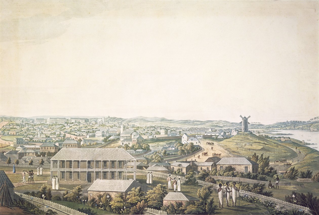 Staden Sydney i New South Wales, mittdelen av en panoramautsikt, ca 1821 (akvatint) av Major James Taylor