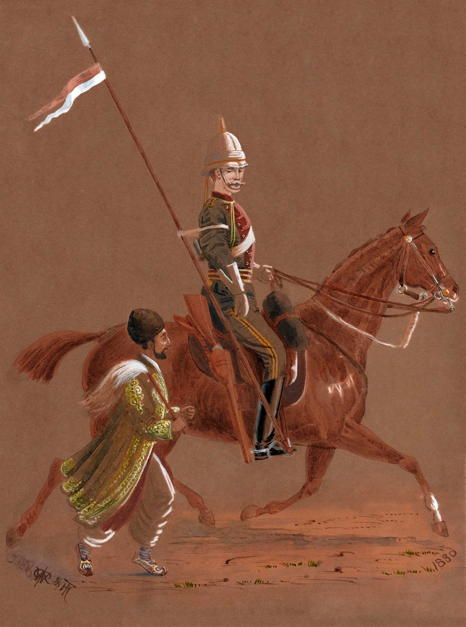 Trooper of the 9th Lancers rider, med en afghansk soldat springande bredvid sin häst av Major General R.G. Woodthorpe