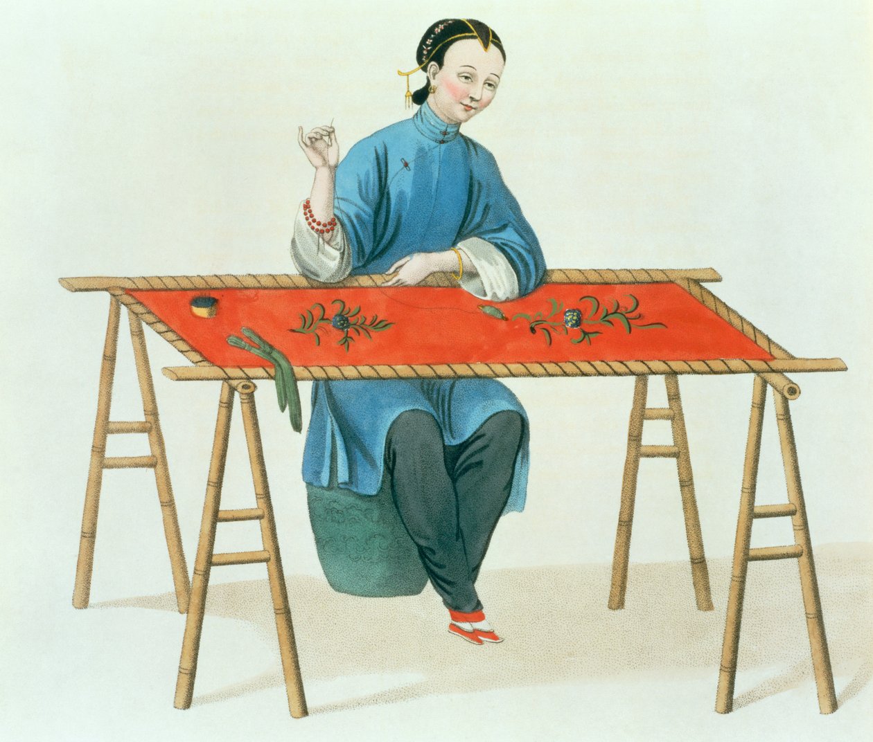 En kvinna som broderar, tavla 41 från "The Costume of China", graverad av J. Dadley, 1800 av Major George Henry Mason