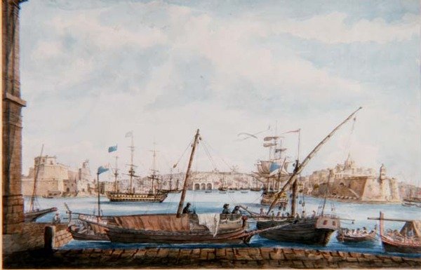 Utsikt över Galiernas hamn från Valetta Side, ca 1800 (penna och akvarell) av Major James of Tolcross Weir