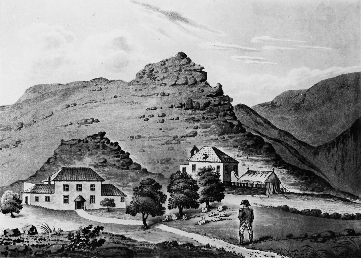 Napoleon vänd mot "The Briars", hemmet för familjen Balcombe som tillhandahållit boende åt Napoleon på St Helena från 19 oktober till 10 december 1815, 1816 av Major Ludovick Stewart