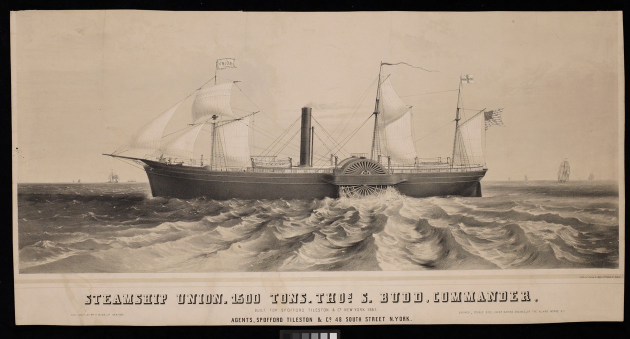 Ångfartyget Union. 1500 ton, Thos S. Budd, befälhavare. Byggd för Spofford Tileston  Co 1851 av Major and Knapp Sarony