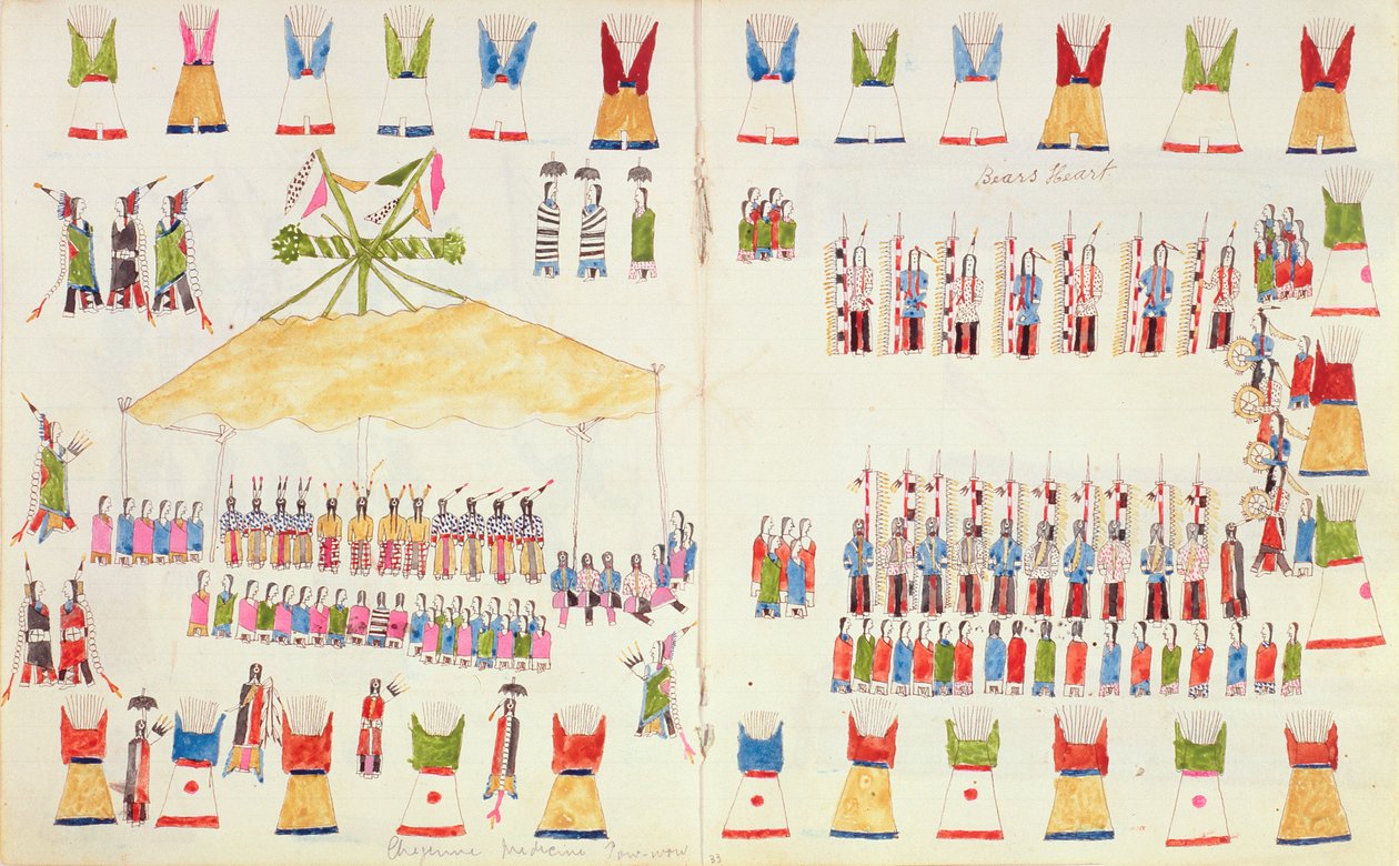 Björnens hjärta. Cheyenne Medicine pow-wow, från en bok med skisser gjorda i Fort Marion, St Augustine, Florida, 1877 av Making Medicine