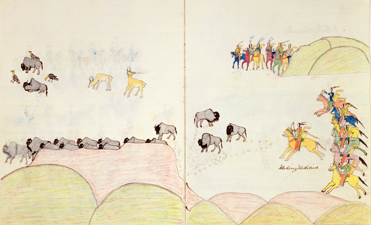 Native American Buffalo Hunt, från en bok med skisser gjorda i Fort Marion, St Augustine, Florida, 1877 av Making Medicine