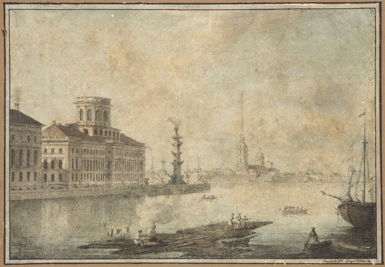 Utsikt över Neva och Vetenskapsakademin - Maxim Nikiphorovich Vorobyev (1787-1855). Penna, pensel, akvarell, bläck på papper, Slutet av 1820-talet-början av 1830-talet. Statens museum för Sankt Petersburgs historia av Maksim Nikiforovich Vorobiev