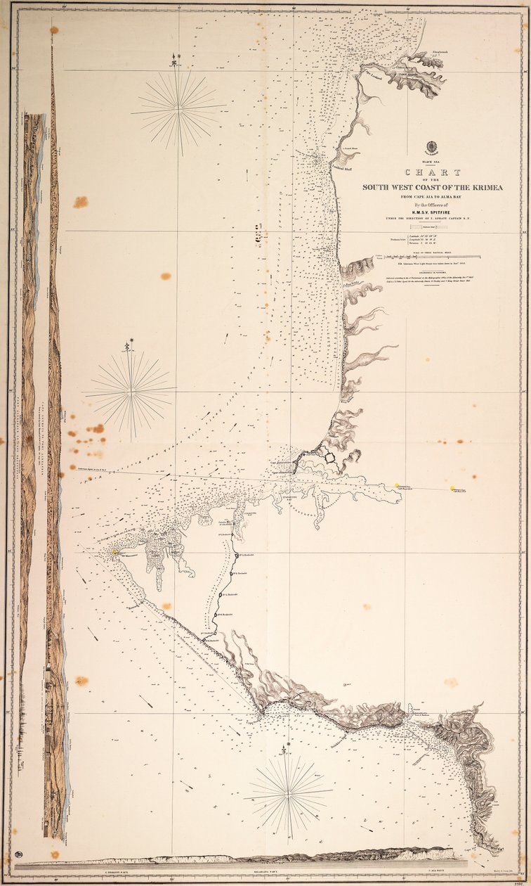 Svarta havet, sjökort över Krimeas sydvästra kust från Cape Aia till Alma Bay. Av officerarna på H.M.S.V. Spitfire. av Malby Malby