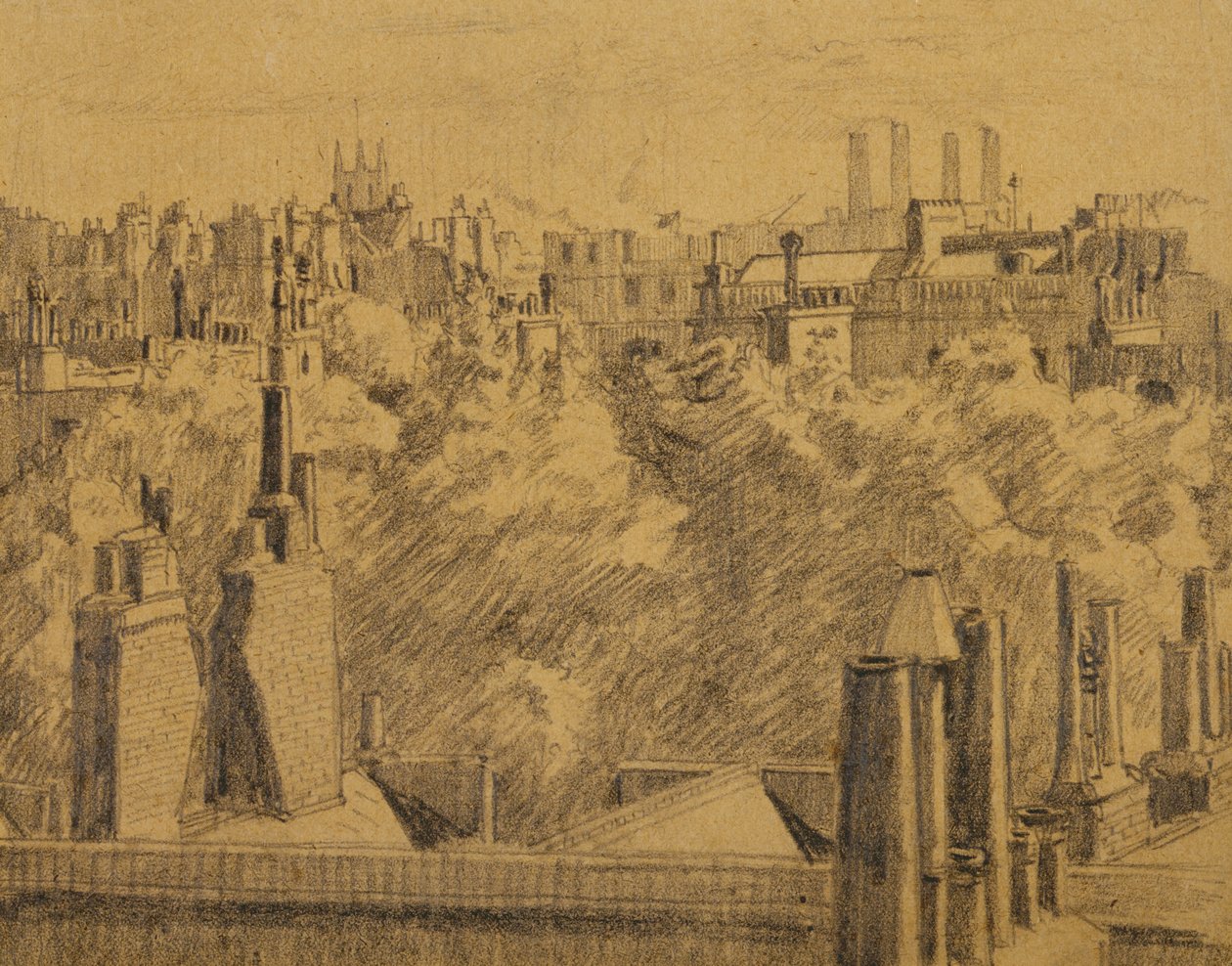 London Roofs, ca 1914 (grafit på papper nedlagt på kort) av Malcolm Drummond