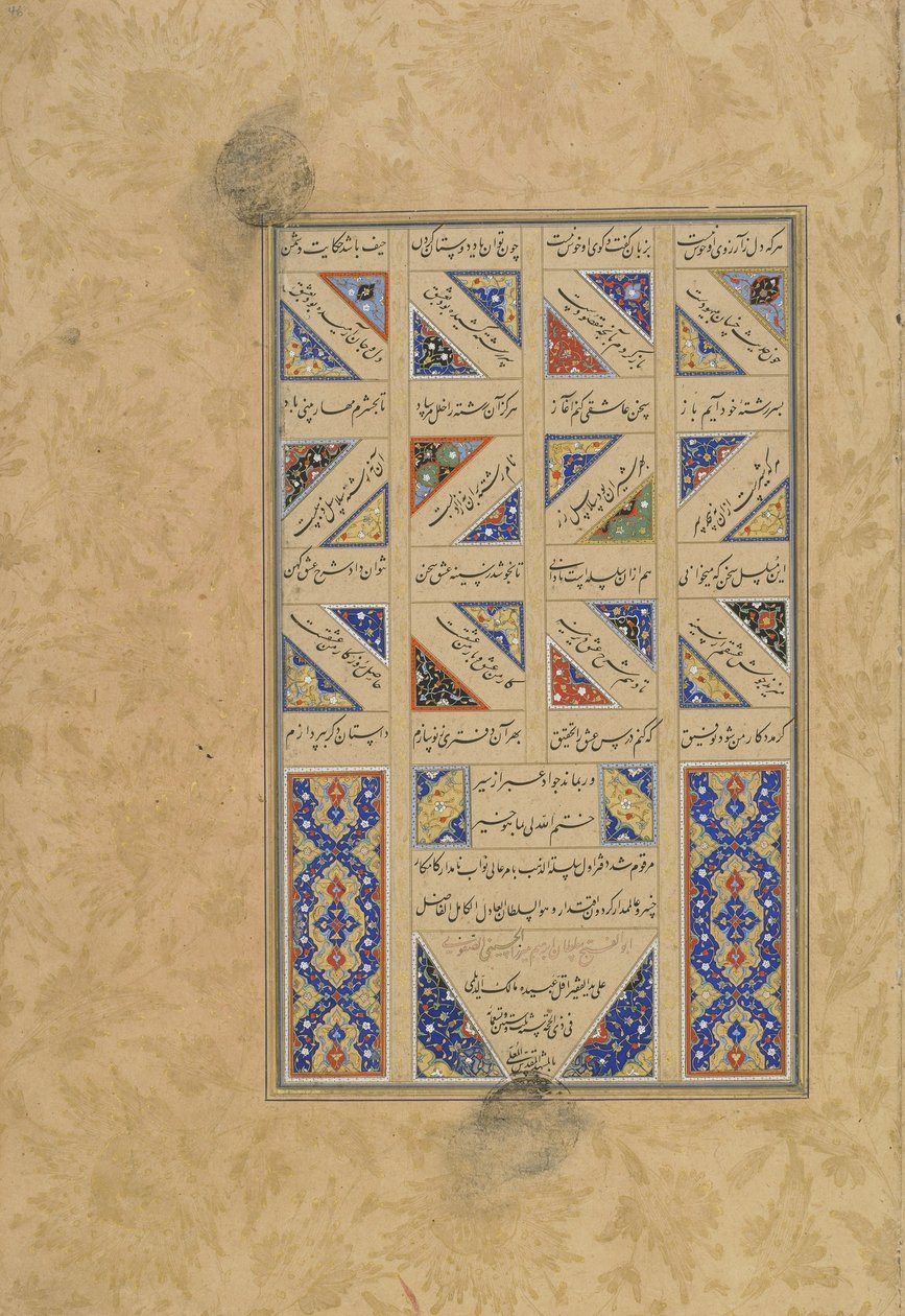 Text och kolofon från en Haft awrang (Sju troner) av Jami (d.1492) troligen Mashad, Khurasan, Iran, Safaviddynastin, 1556 (bläck, ogenomskinlig akvarell och guld på papper) av Malik al Daylami