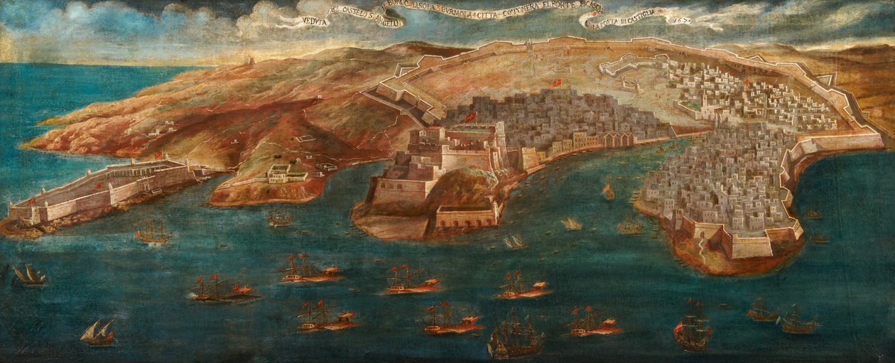 Utsikt över Fort Ricasoli, Castle St Angelo, LIsola och Cotonera Lines från Valletta, 1679 av Maltese School