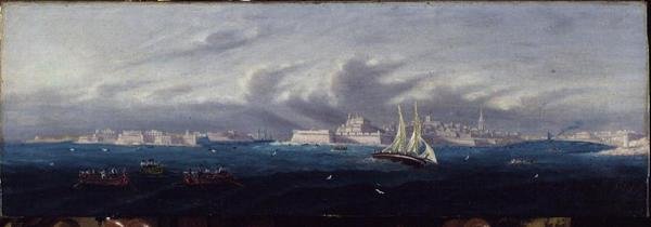 Utsikt över Vallettas hamn, Malta av Maltese School