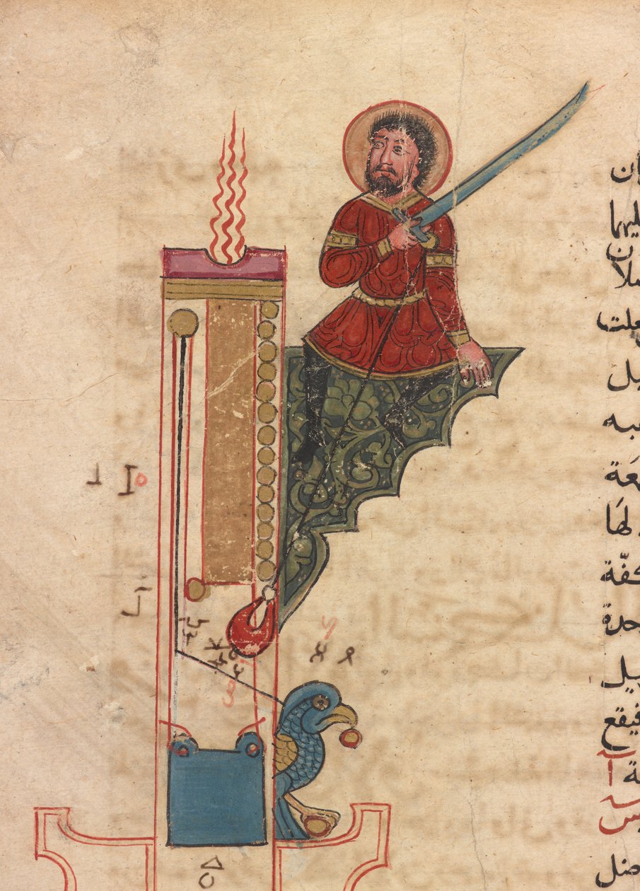 En ljusklocka, folio från Kitab fi ma`arifat al-hiyal al-handisaya (Kunskapens bok om geniala mekaniska anordningar) Automata av al-Jazari (d. 1206) (bläck, ogenomskinlig akvarell & guld på papper) av Mamluk Sultanate school