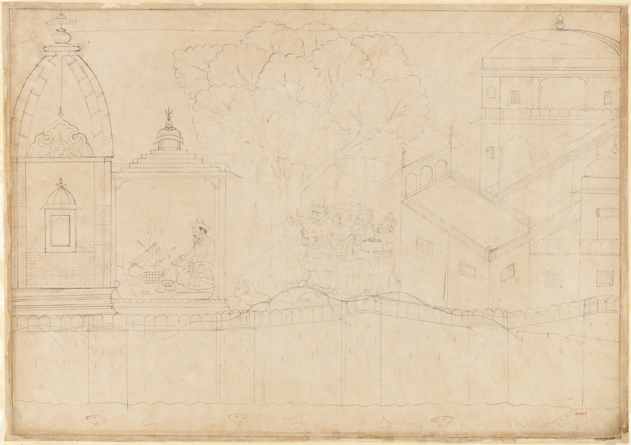 Indrajit ger erbjudanden: Folio från Siege of Lanka-serien, ca. 1725. av Manaku