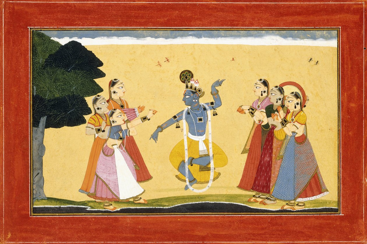 Krishna dansar före Cowgirls när de klappar i händerna, ca 1730-1735 av Manaku