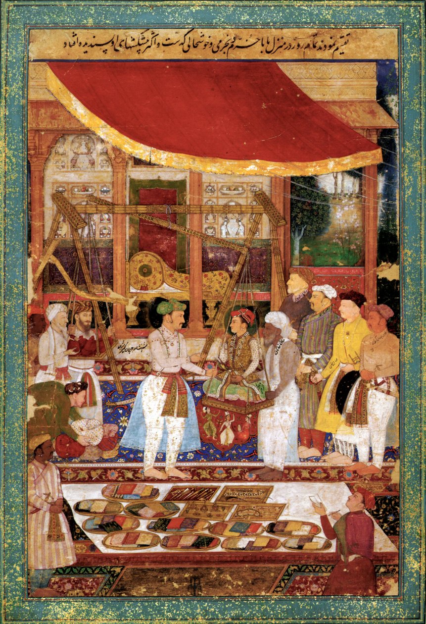 Kejsar Jahangir väger prins Khurram i guld, ca 1610-1615 (miniatyr) av Manohar Manohar
